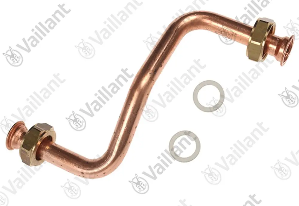 Kupferrohr mit zwei Anschlüssen und Dichtungen, geeignet für Heizungsanwendungen der Marke Vaillant.